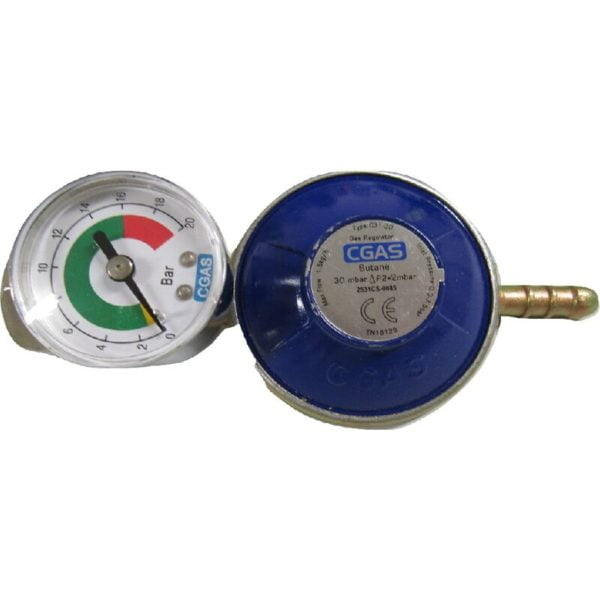 C.gas - Butane Gas Regulator with Gauge - G8 Nut Calor Gas Screw On 30mbar