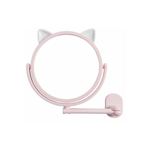 Cartoon Seamless Sticker Mirror Aspiration Wall Punching Free Makeup Mirror Bathroom Mirror Round Telescopic Mirror, Pink