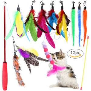 Cat Dangler Toy Training Telescopic Interactive Retractable Natural Feather Wand Cat Toy with 12 Feather Refills