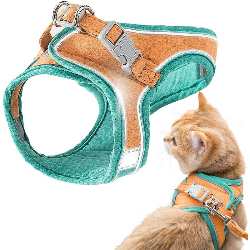 Cat Harness and Leash, Comfortable Cat Walking Jacket with Leash, Pull-On Vest Trim, Breathable Reflective Bands, Small Medium Cats Jacket Green
