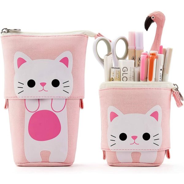 Cat Telescopic Pencil Case for Teachers and Students, Pencil Cases Become a Pencil Pot for Kids and Girls, Kawaii School Supplies(Pink)