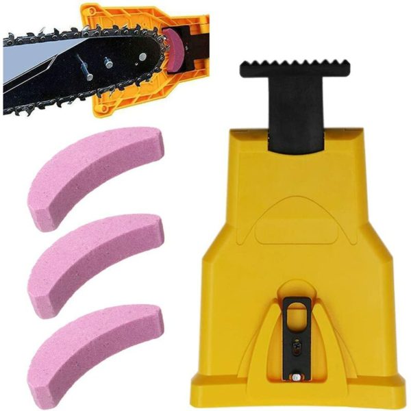 Chainsaw Teeth Sharpener, Automatic Sharpener(1Pcs), Replaceable Whetstone(3Pcs), Fit Guide Bar with 2 Guide Holes (Yellow)