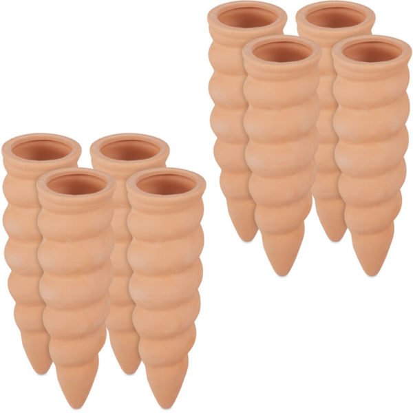 Clay Watering Cones, Set of 8, Plant Irrigation Kit, 1.5 l Bottles, HxD 16.5 x 5 cm, Terracotta - Relaxdays