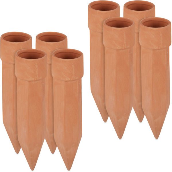 Clay Watering Cones, Set of 8, Plant Irrigation Kit, 1.5L Bottles, HxD 19 x 4.5 cm, Terracotta - Relaxdays