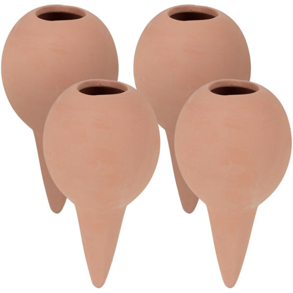 Clay Watering Spikes, Set of 4, Each 100 ml, for House Plants & Outdoor Pots, h x d: 11.5 x 6 cm, Terracotta - Relaxdays