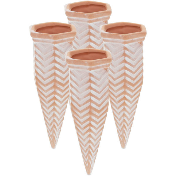 Clay Watering Spikes, Set of 4, Stakes for 1.5 l Plastic Bottles, Indoor & Outdoor Plants, Chevron, Terracotta - Relaxdays