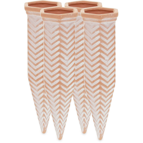 Clay Watering Spikes, Set of 4, Stakes for 1.5 l Plastic Bottles, Indoor & Outdoor Plants, Zig-Zag, Terracotta - Relaxdays