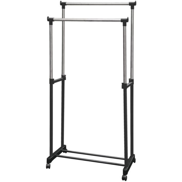 Clothes Rack with Wheels, Telescopic Garment Rack with Double Hanging Rail, Height Adjustable 90 - 160cm (Black)