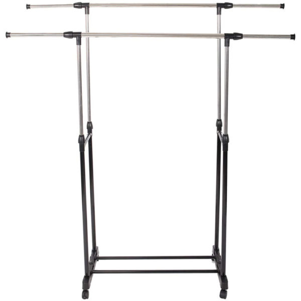 Clothes Rack with Wheels, Telescopic Garment Rack with Double Hanging Rail, Height and Length Adjustable 90 - 160cm (Black + Silver)