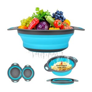 Collapsible Colander Basket 2 of Set,Vegetables Fruit Washing Basket Drain Tool,Small Size Silicone Telescopic Colander with Handle For