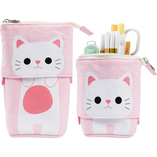 Cute Girls Pencil Case Stand Up Cat Pencil Case Telescopic Pencil Case Canvas Cartoon Stationery for Boys Girls Students and Office Supplies