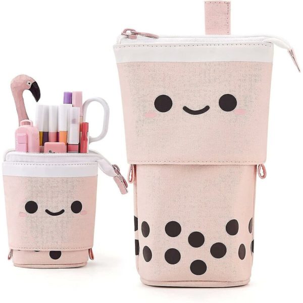 Cute Pen Telescopic Pencil Holder Pop Up Stationery Case Blue Milk Tea