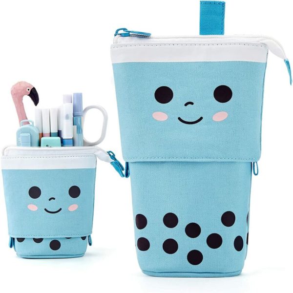 Cute Pencil Case Standing Pen Holder Telescopic Makeup Pouch Pop Up Cosmetics Bag Stationery Office Organizer Box for Girls BLUE