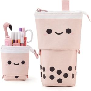 Cute Pencil Case Standing Pen Holder Telescopic Pen Pouch Bag Office Organizer Aesthetic Supply for Girls Boys Student Women Adult-Pink