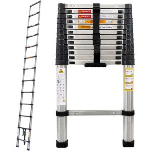 Day Plus - Telescoping Ladder 12.5ft/3.8m Stainless Steel Telescopic Extension Ladder Heavy Duty Collapsible Ladder Non-Slip Angled Feet Securing