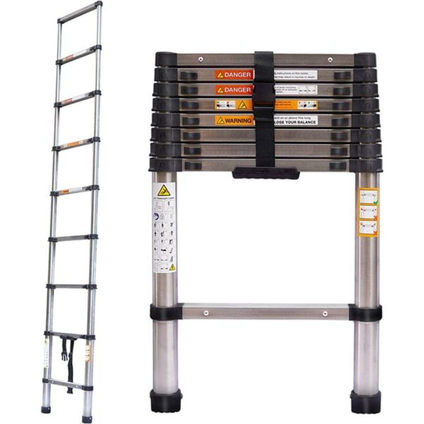 Day Plus - Telescoping Ladder 8.5ft/2.6m Stainless Steel Telescopic Extension Ladder Heavy Duty Collapsible Ladder Non-Slip Angled Feet Securing
