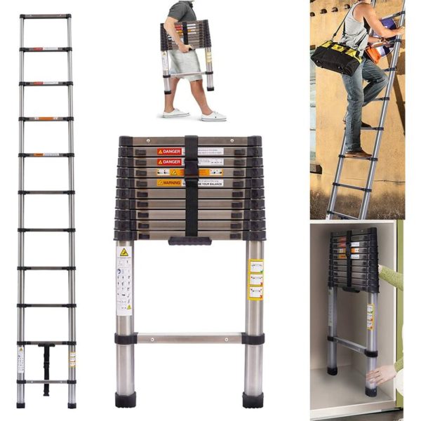 Day Plus - Telescoping Ladder Extension Ladder 10FT Collapsible Ladder Telescopic Extendable Ladder, Stainless Steel Attic Ladder Rv Ladder Roof