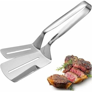 Denuotop - Steak Tongs Tongs, Fried Fish Shovel, Stainless Steel bbq Tongs, Multifunction Cooking Tongs with Slots for Steak, Bread, Hamburger,