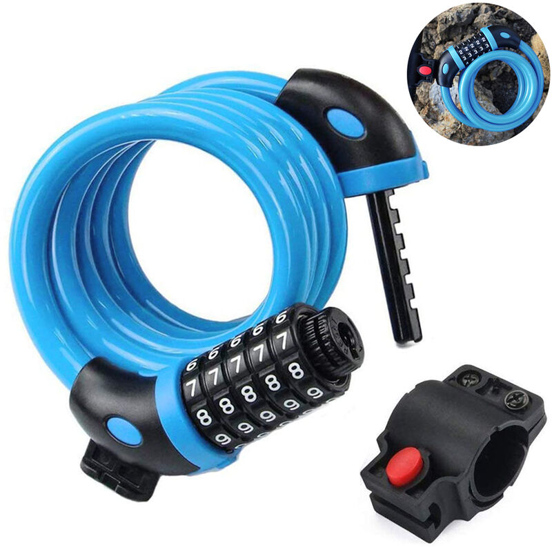 Devenirriche - Bike Locks Cable Coiled Secure Resettable Combination Bike Cable Lock with Mounting Bracket, blue