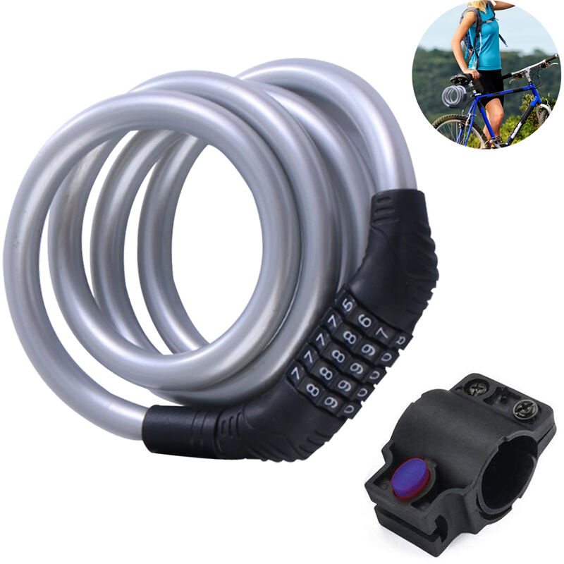 Devenirriche - Bike Locks Cable Coiled Secure Resettable Combination Bike Cable Lock with Mounting Bracket, silver