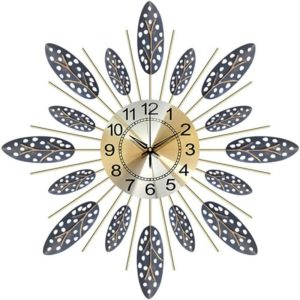 Devenirriche - Nordic Light Luxury Fashion Creative Wall Clock Modern Home Wrought Iron Leaf Quartz Clocks Restaurant Cafe Light Bar Decoration Wall