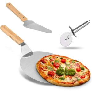 Devenirriche - Stainless steel wheel cutter with wooden handle, pizza shovel, bakery utensils, for baking pizza and cakes in the oven & grill, 3