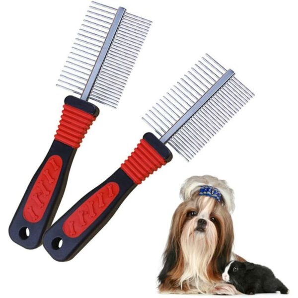 Dog Grooming Comb, Rake Comb for Cats Comb with Rounded Metal Double Sided Teeth Brush Flea Comb for Medium and Long Haired Pets Grooming Comb (2PCS)