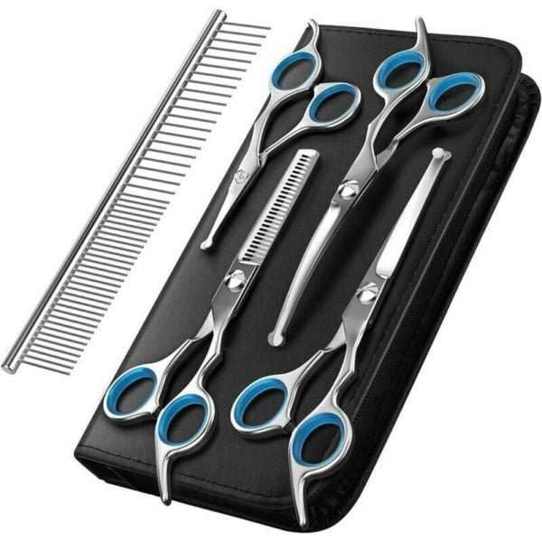 Dog Grooming Scissors, 5-Piece Titanium Coated Stainless Steel Pet Grooming Tool Set, Thinning/Straight/Curved Shears and Comb, Blue