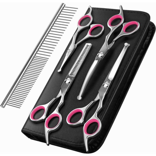 Dog Grooming Scissors, 5-Piece Titanium Coated Stainless Steel Pet Grooming Tool Set, Thinning/Straight/Curved Shears and Comb - Pink