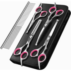 Dog Grooming Scissors, 5-Piece Titanium Coated Stainless Steel Pet Grooming Tool Set, Thinning/Straight/Curved Shears and Comb, Pink
