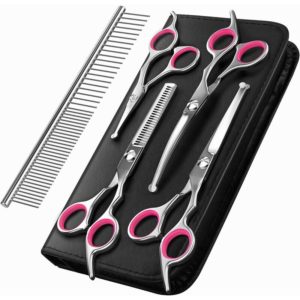 Dog Grooming Scissors, 5-Piece Titanium Coated Stainless Steel Pet Grooming Tool Set, Thinning/Straight/Curved Shears and Comb - Silver