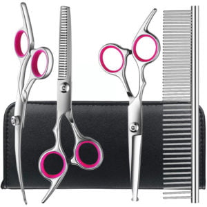 Dog Grooming Scissors Kit with Safety Round Tips Stainless Steel Professional Dog Grooming Shears Set - Thinning, Straight, Curved Shears and Comb