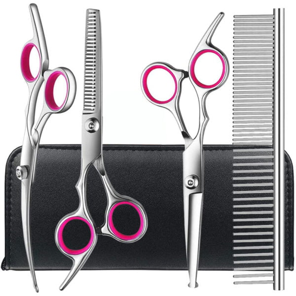 Dog Grooming Scissors Kit with Safety Round Tips Stainless Steel Professional Dog Grooming Shears Set - Thinning, Straight, Curved Shears and Comb