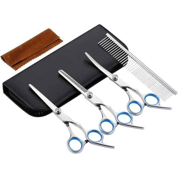 Dog Scissors, 4 Piece Titanium Coated Stainless Steel Pet Grooming Tool Set, Thinning/Straight/Curved Shears and Comb - Blue