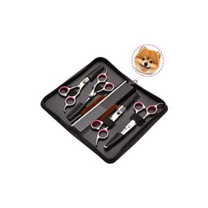 Dog Scissors, 4 Piece Titanium Coated Stainless Steel Pet Grooming Tool Set, Thinning/Straight/Curved Shears and Comb - (Pink)