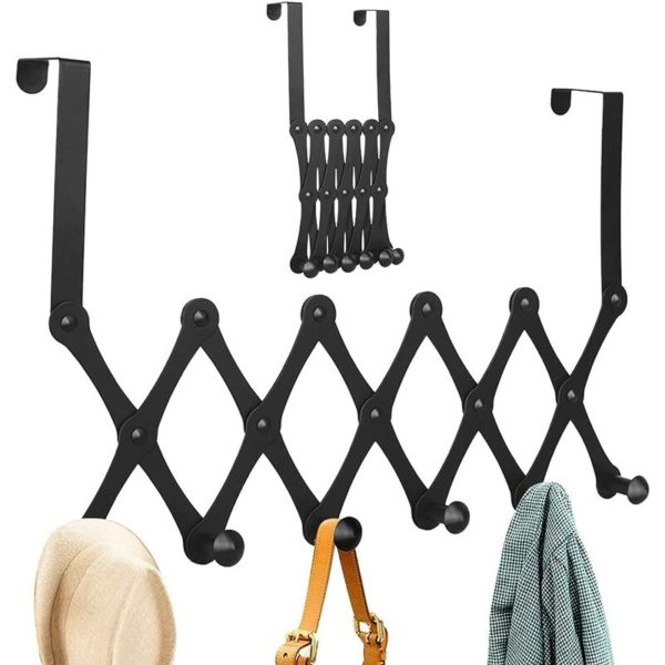 Door Coat Rack, Stainless Steel Door Hooks, Telescopic Folding Door Hooks with 6 Living Room Bedroom Bathroom Closets (Black)