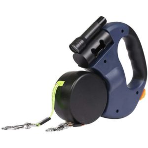 Double headed telescopic pet leash, one pull, two with led light and pockets