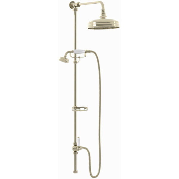 Downton, RG049 Traditional Dual Rigid Shower Riser Kit with Diverter, Large Overhead Shower, Telephone Style Handset, Caddy, Polished Gold - Enki