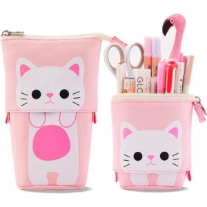 Durable Canvas Telescopic Pencil Case with Cute Cat Pattern - Pencil Cases for Boys Girls Students and Office Supplies, Grey,Pink