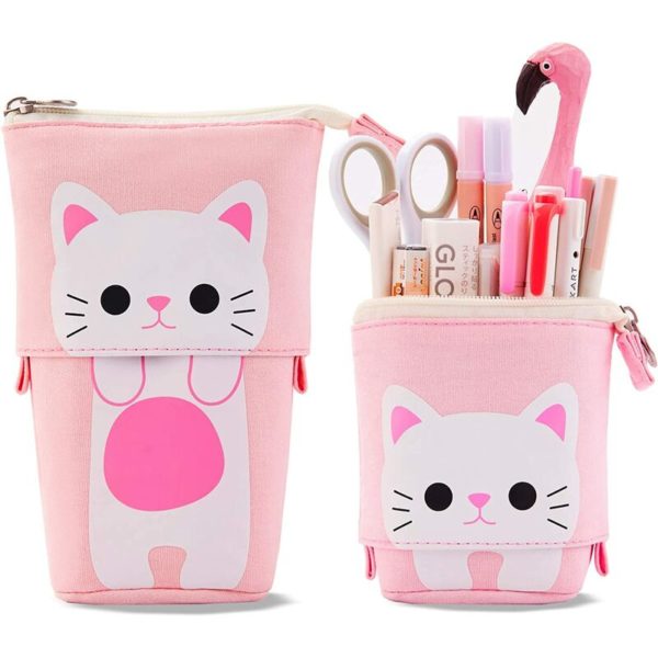 Durable Canvas Telescopic Pencil Case with Cute Cat Pattern - Pencil Cases for Boys Girls Students and Office Supplies, Pink