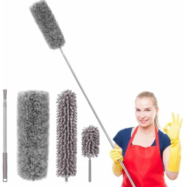 Duster, telescopic microfiber duster, foldable duster with extendable stainless steel rod 2.5 meters long, washable duster for ceiling, cobwebs, fans.