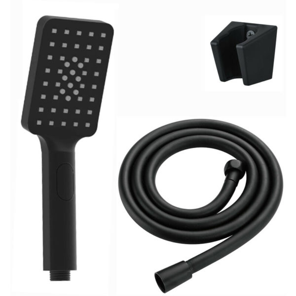 EH010, Contemporary Square 3 Function Hand Shower Kit Incl. Hose and Wall Bracket, Black - Enki