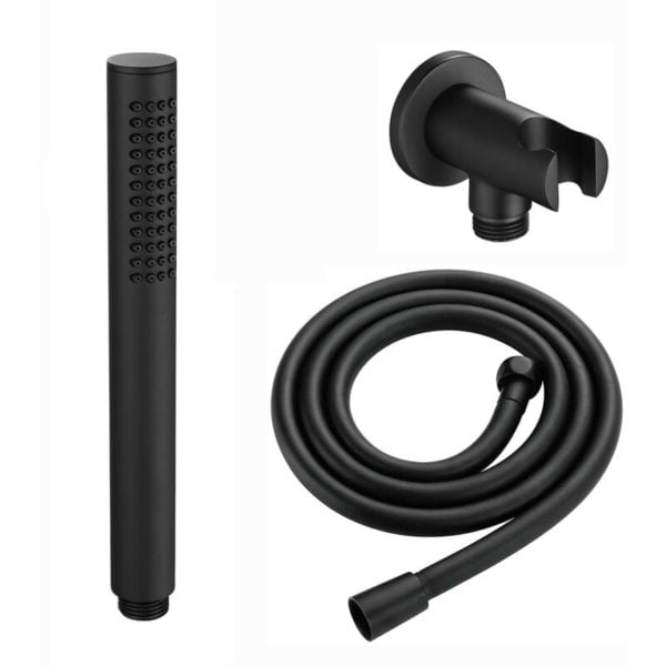 EO018, Premium Round Pencil Hand Shower with Silicone Jets Kit Incl. Hose and Wall Bracket with Outlet, Matte Black - Enki