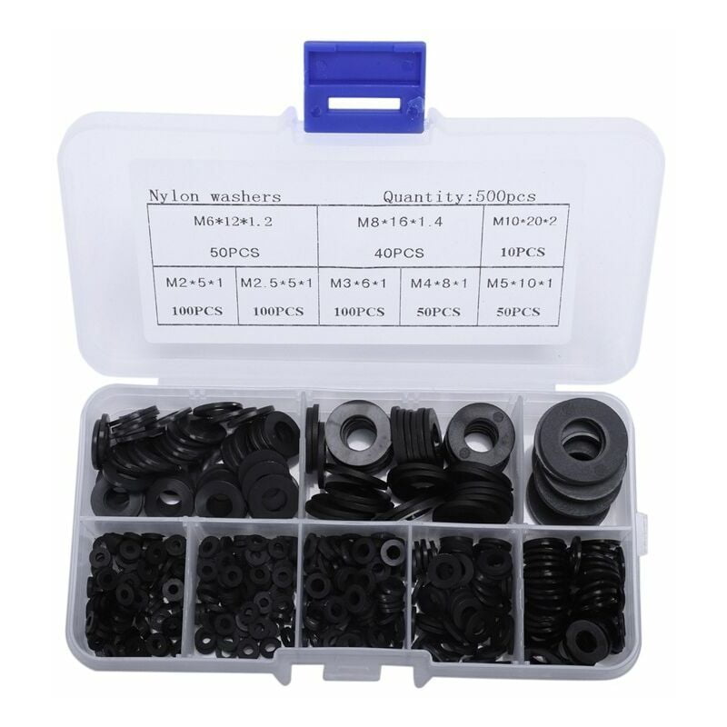 Echoo - 500pcs Black Flat Washers Nylon Gaskets Kit Gasket Round Gasket Washer Sealing Washer Assortment Rubber Grommet Assortment (m2 m2.5 m4 m4 m5