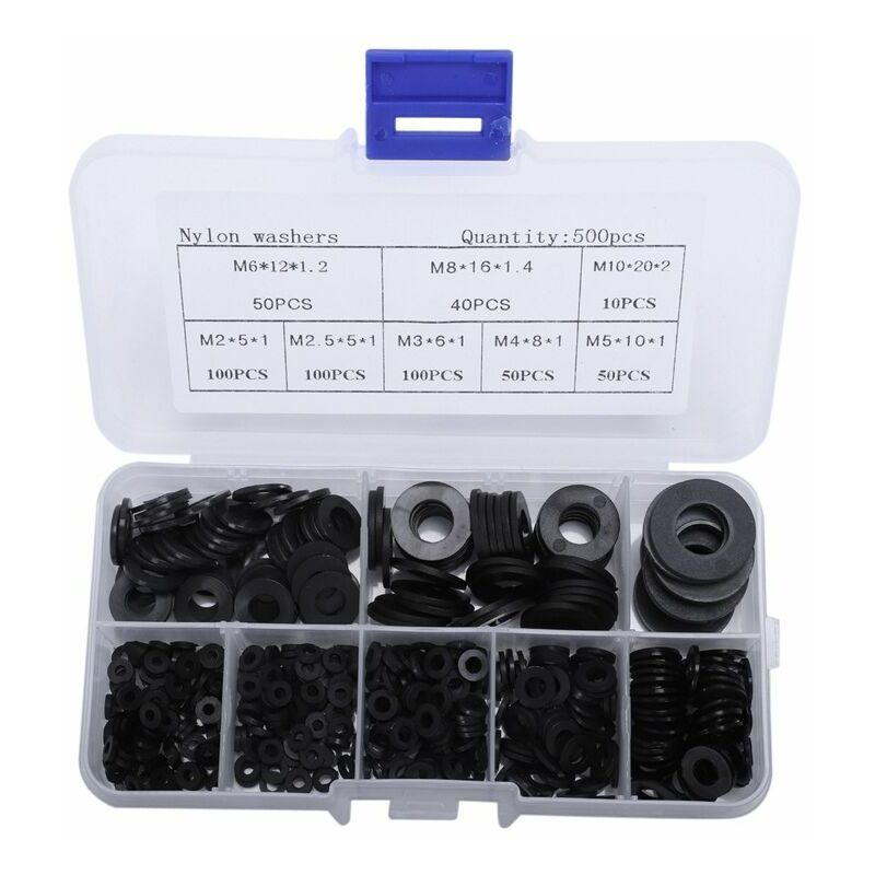 Echoo - 500pcs Black Flat Washers Nylon Gaskets Kit Gasket Round Gasket Washer Sealing Washer Assortment Rubber Grommet Assortment (m2 m2.5 m4 m4 m5