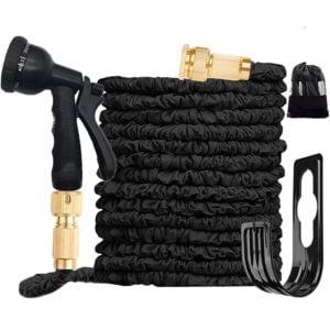 Expandable Garden Hose Up to 30m with 8 Function Spray Gun, Expandable Magic Hose, Leak Proof, Brass Fittings, Hose Holder, Storage Bag (Black)