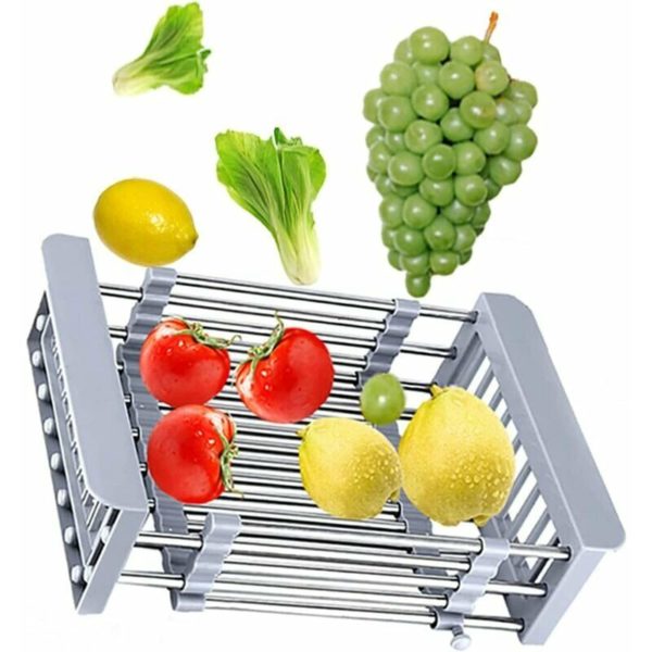 Extendable Sink Drainer Rack, Telescopic Stainless Steel Drain Basket with Adjustable Arms Functional Kitchen Sink Organizer for Fruits and