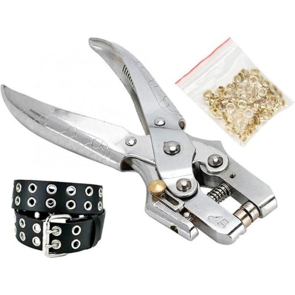 Eyelet Crimper Pliers Hole Punch Pliers Eyelet Setting Tool + 100 Pcs Easy Press Hollow Eyelets