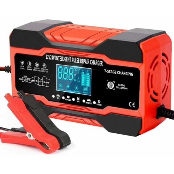 FVO 10 Amp Car Battery Charger, 12V/24V Auto Battery Charger with 7-Step Charging Function and LCD Screen Smart Charger Repair Maintenance for AGM,