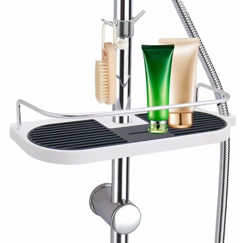 FVO Telescopic Shower Shelf Adjustable Rod Aluminum Alloy with 2 Hooks No Drilling Towel Bathroom Shower Shelf Shower Soap Holder Shampoo Holder
